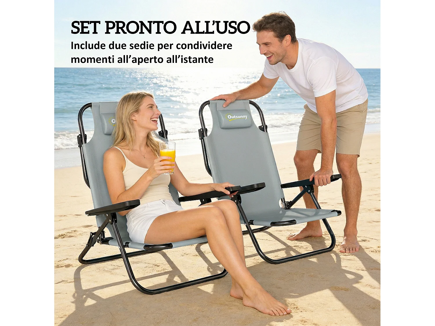 Set 2 sedie da campeggio pieghevoli regolabili grigio chiaro