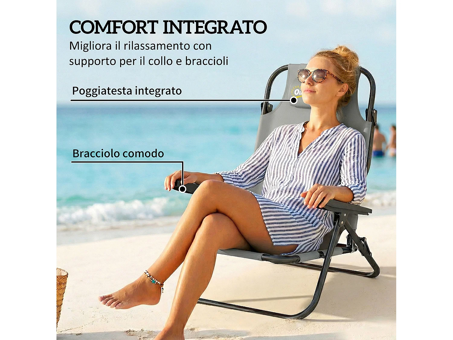 Set 2 sedie da campeggio pieghevoli regolabili grigio chiaro