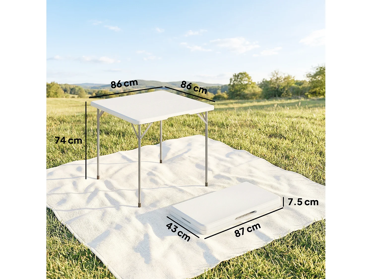 Tavolo da campeggio pieghevole quadrato 86x86x74 cm in HDPE bianco
