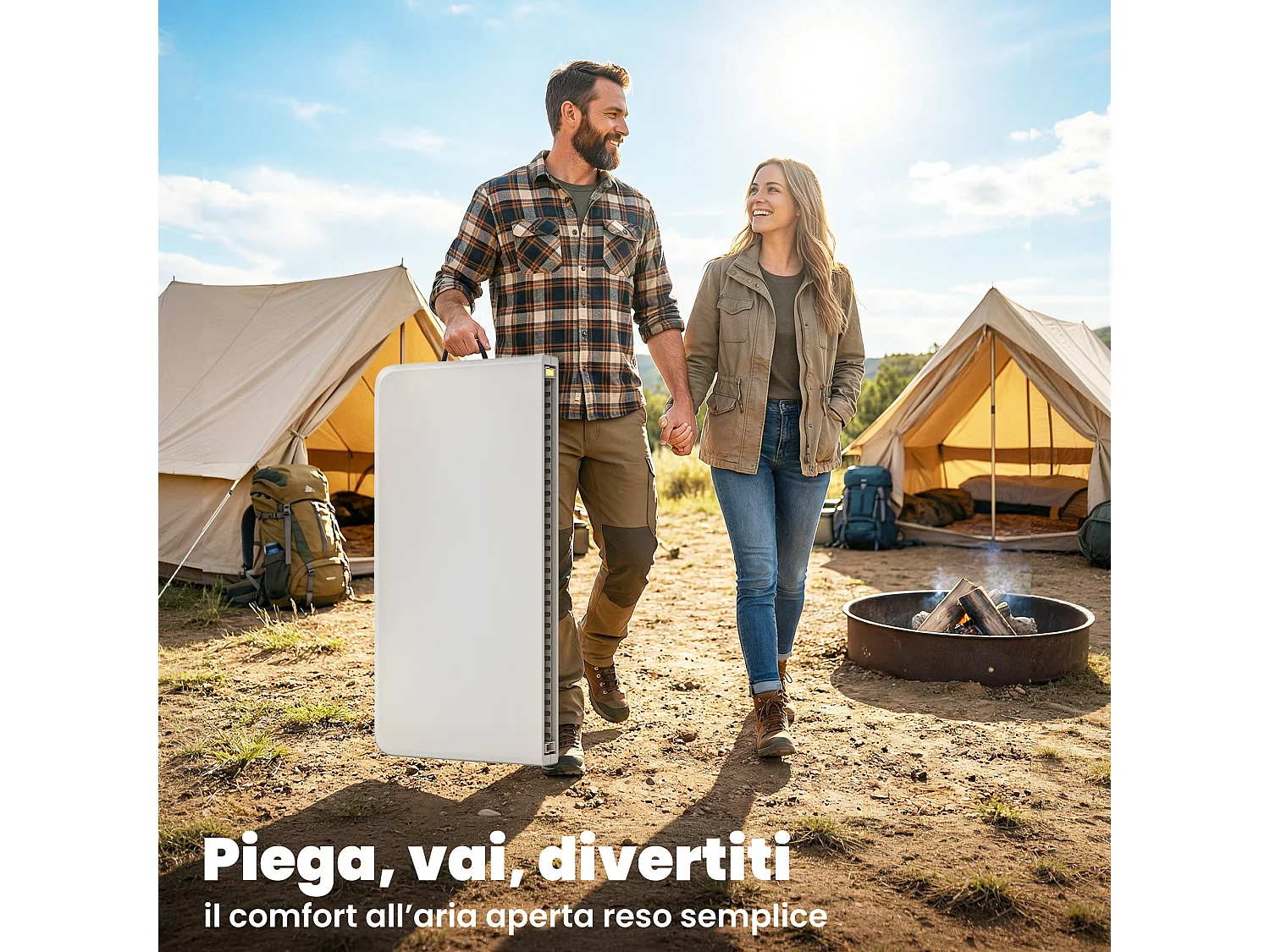 Tavolo da campeggio pieghevole quadrato 86x86x74 cm in HDPE bianco