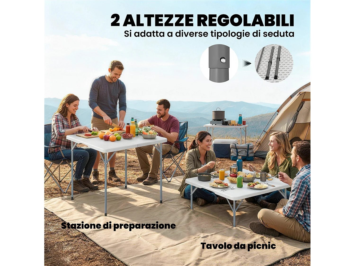 Tavolo da campeggio pieghevole quadrato 86x86x74 cm in HDPE bianco