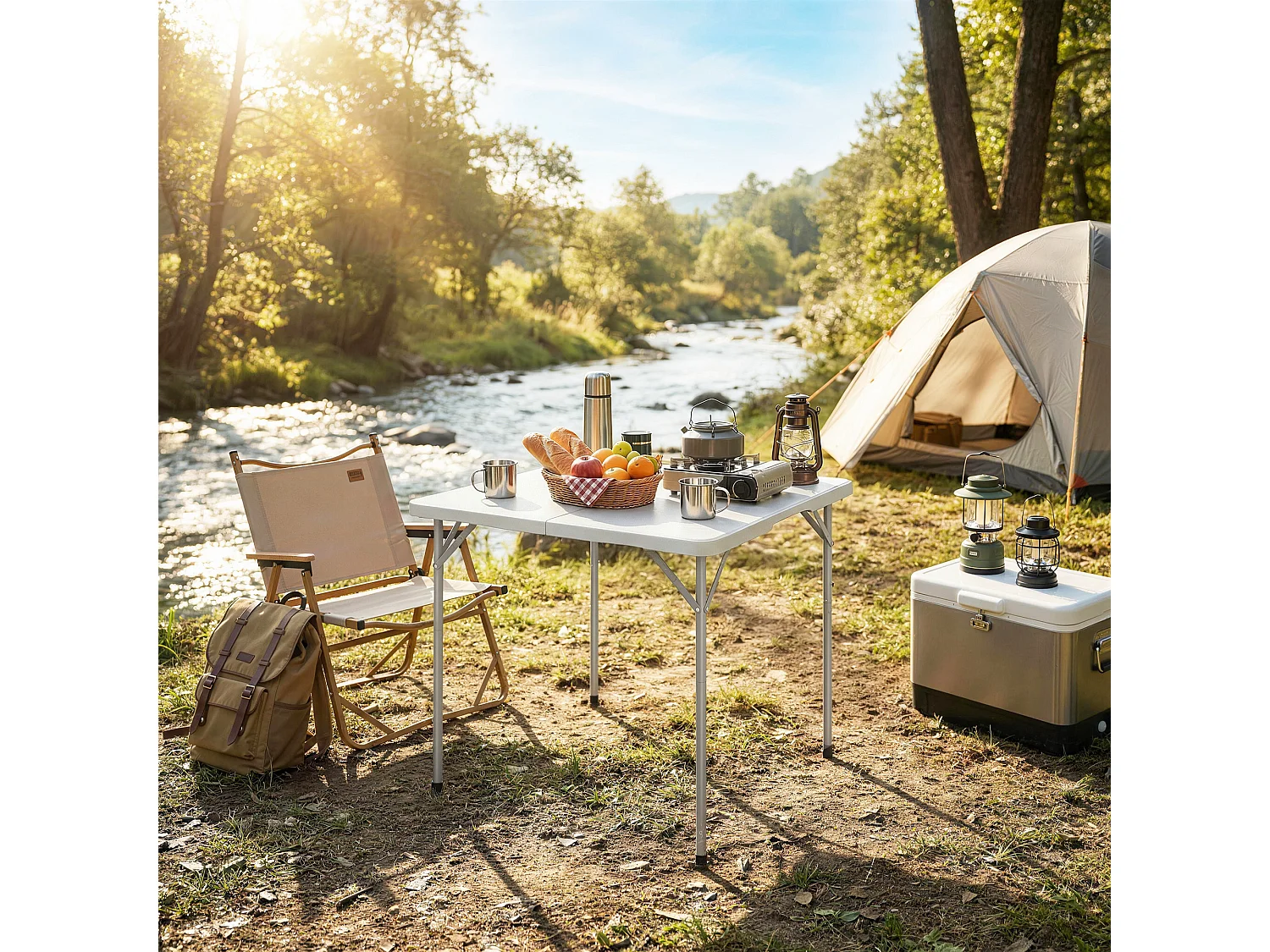 Tavolo da campeggio pieghevole quadrato 86x86x74 cm in HDPE bianco