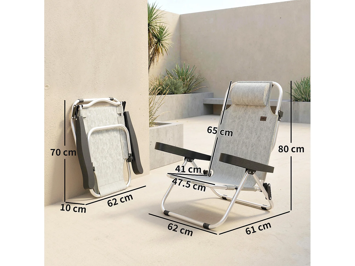 Set 2 sedie a sdraio pieghevoli 62x61x80 cm grigio