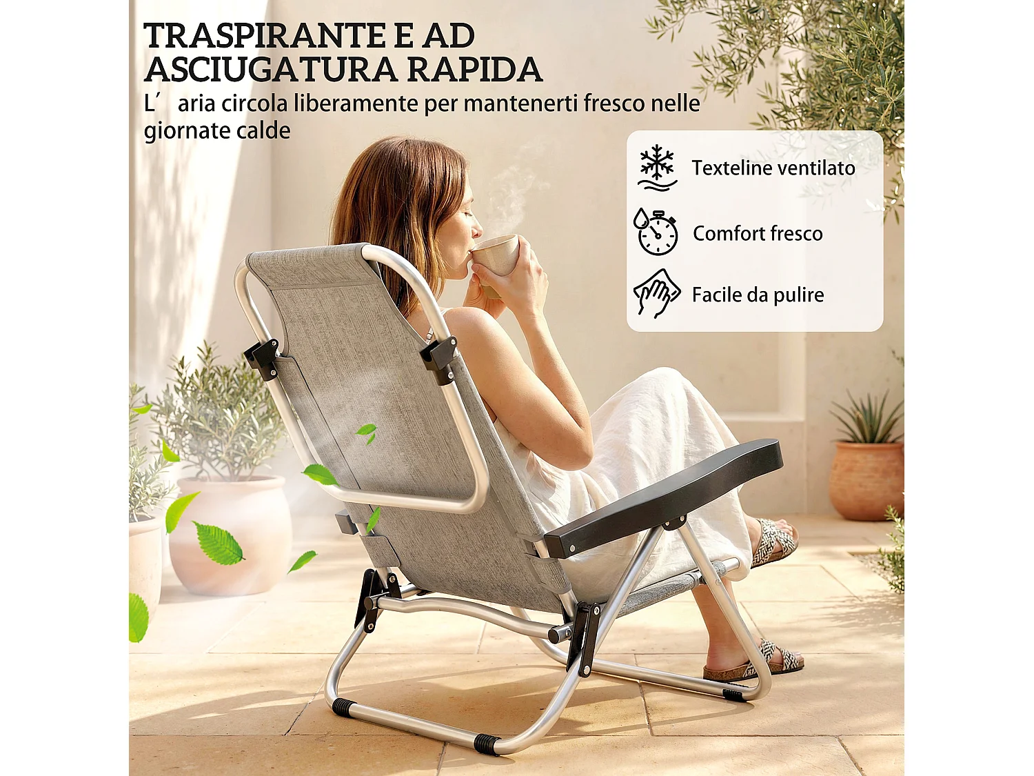 Set 2 sedie a sdraio pieghevoli 62x61x80 cm grigio