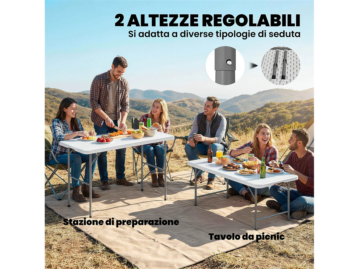 Tavolo da campeggio pieghevole hdpe 120x60x74 cm bianco