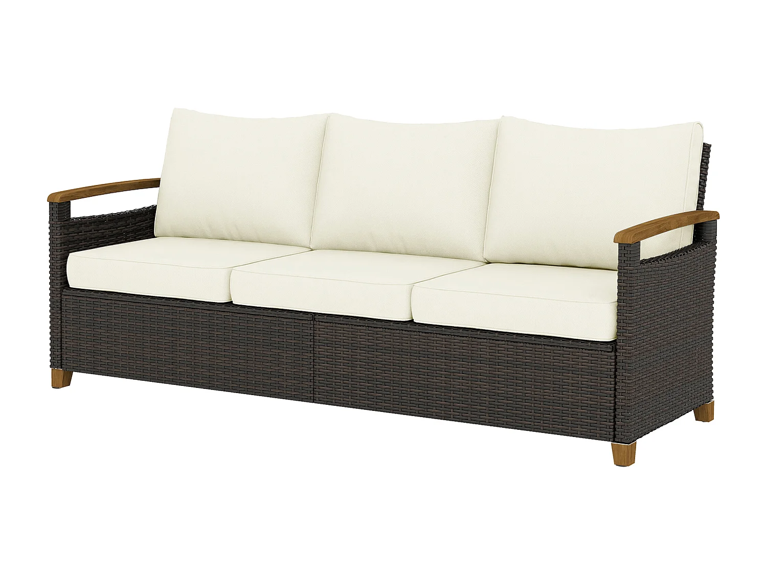 Divano da esterno 3 posti con cuscini in rattan marrone e crema