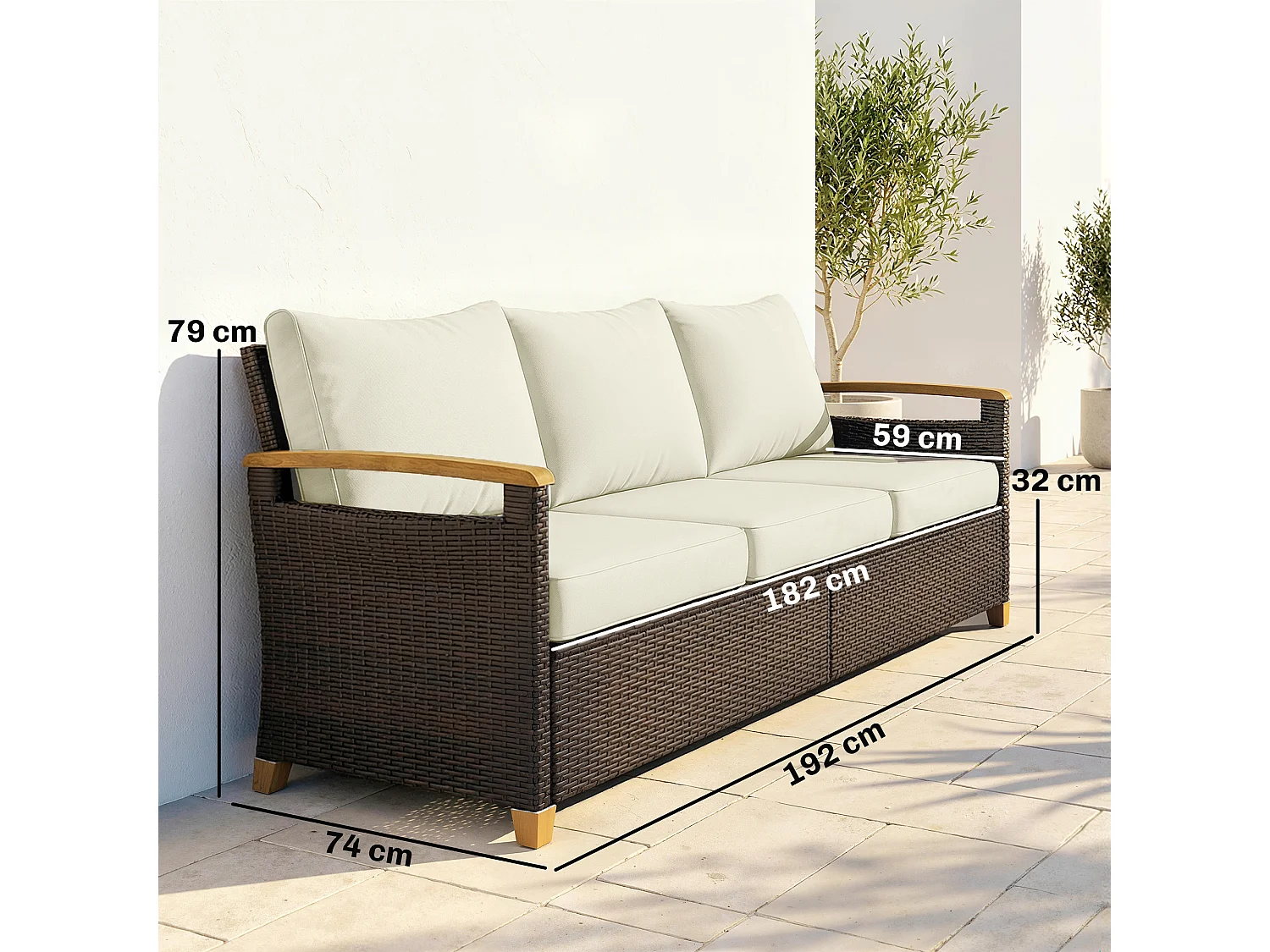 Divano da esterno 3 posti con cuscini in rattan marrone e crema