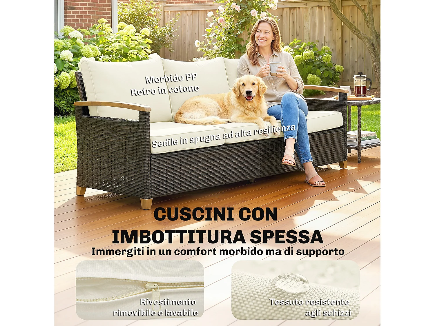 Divano da esterno 3 posti con cuscini in rattan marrone e crema