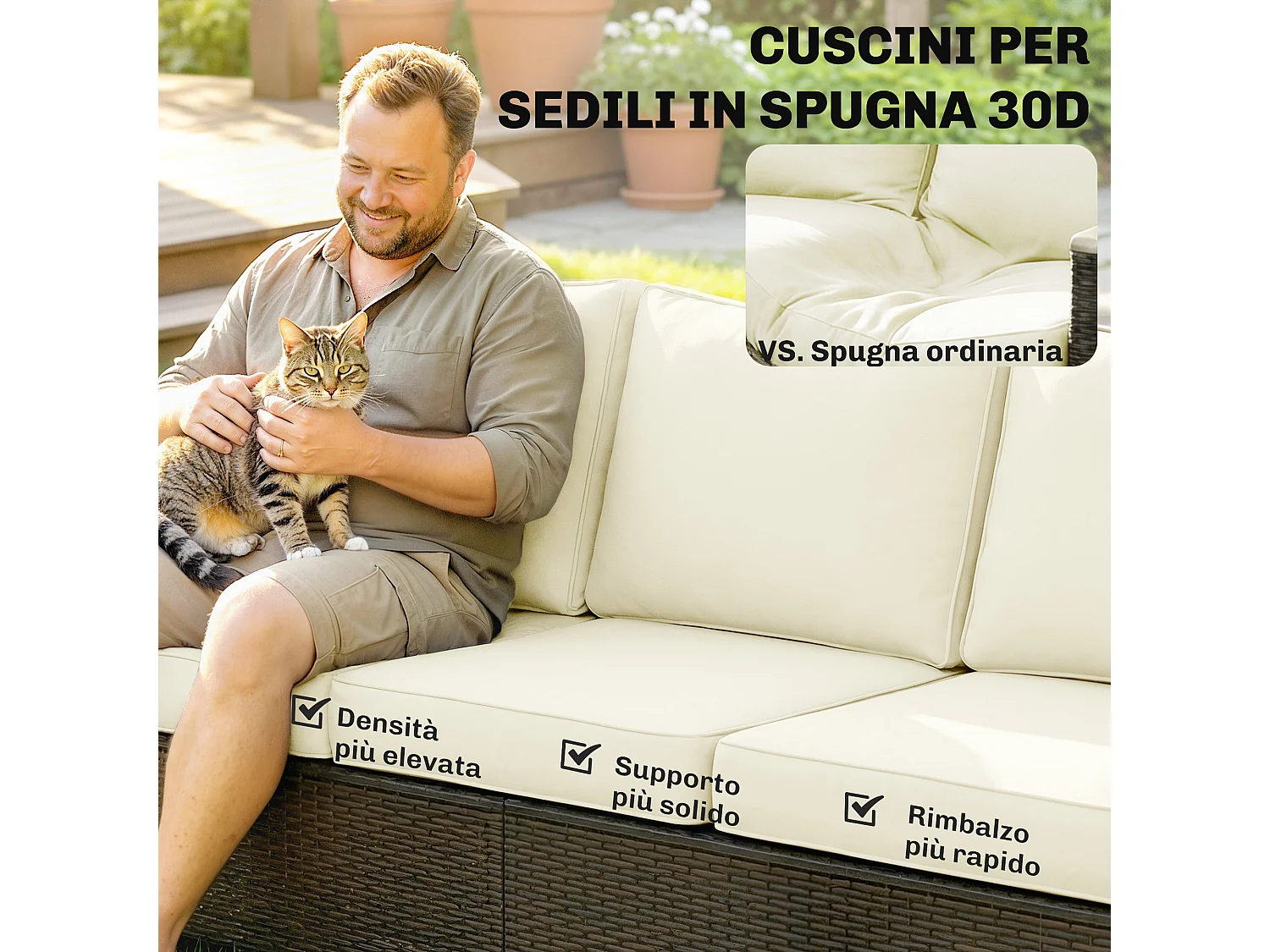 Divano da esterno 3 posti con cuscini in rattan marrone e crema