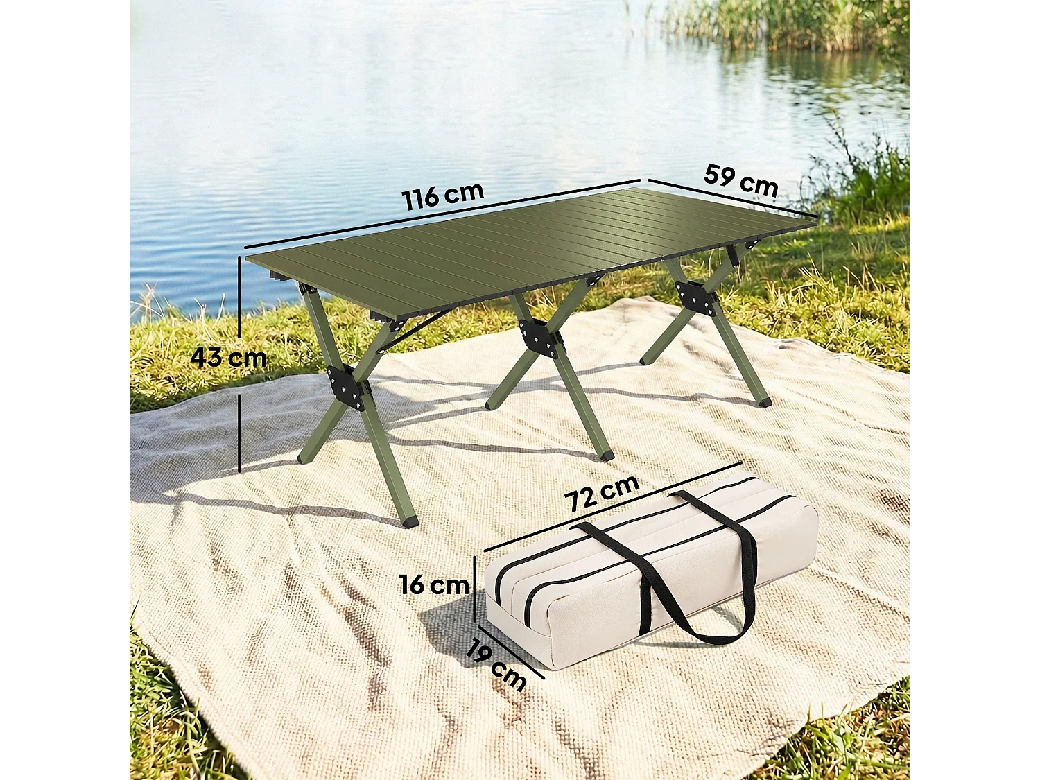 Tavolo da campeggio pieghevole con piano arrotolabile metallo verde