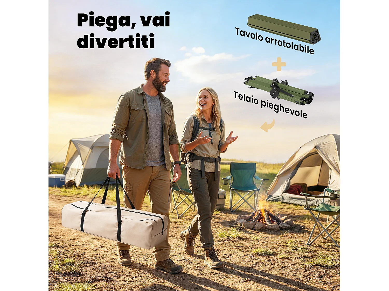 Tavolo da campeggio pieghevole con piano arrotolabile metallo verde