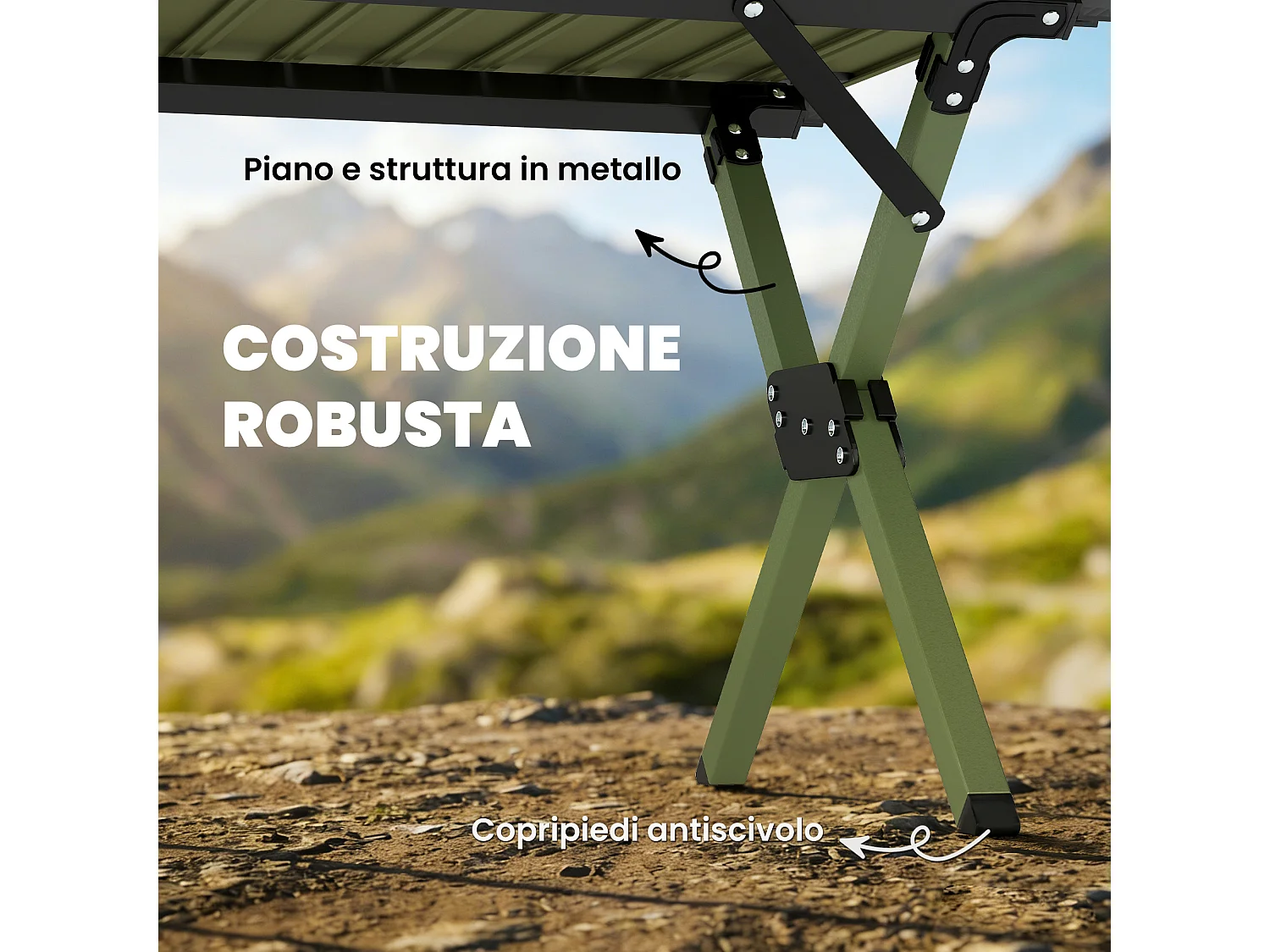 Tavolo da campeggio pieghevole con piano arrotolabile metallo verde