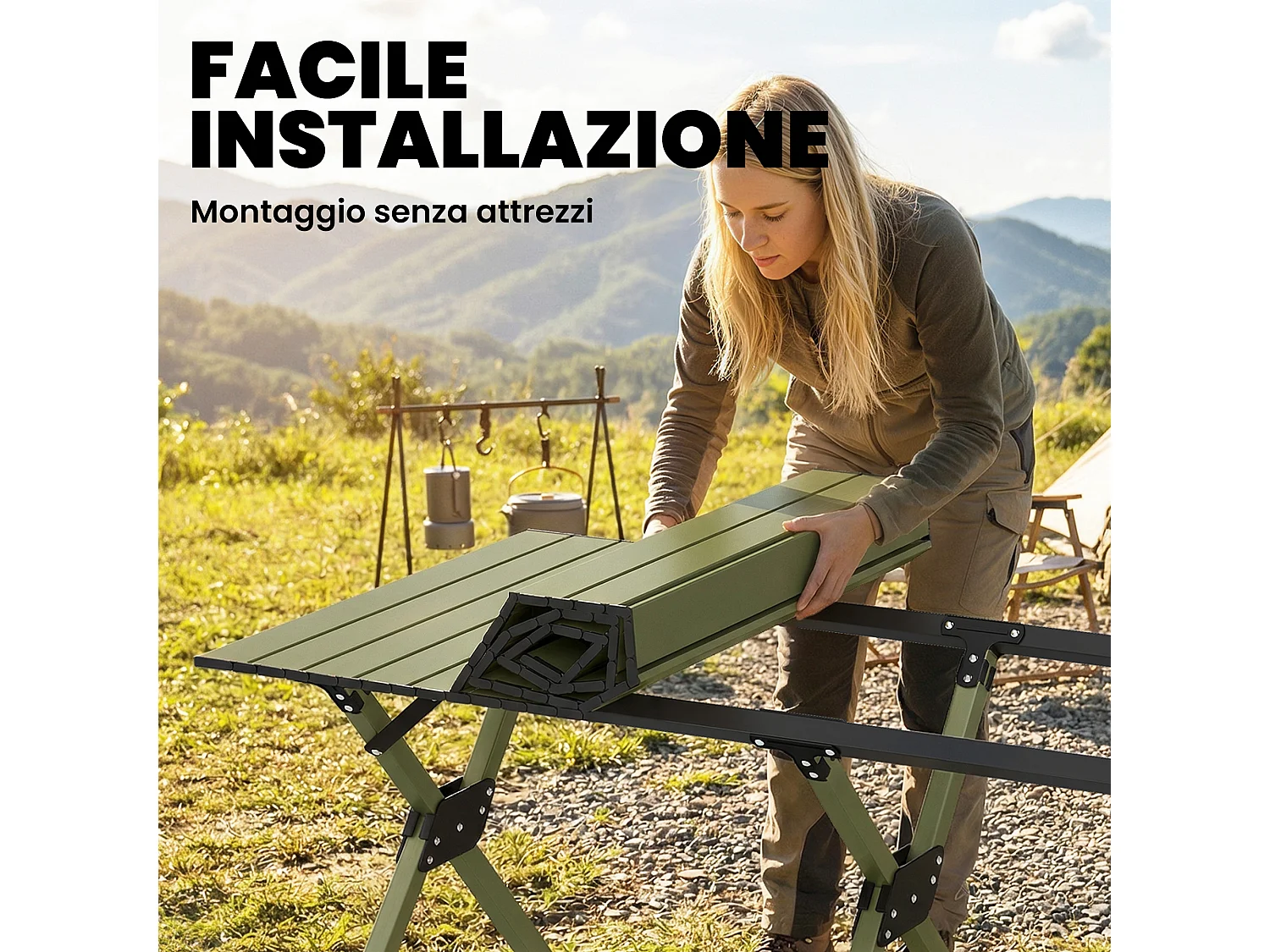 Tavolo da campeggio pieghevole con piano arrotolabile metallo verde
