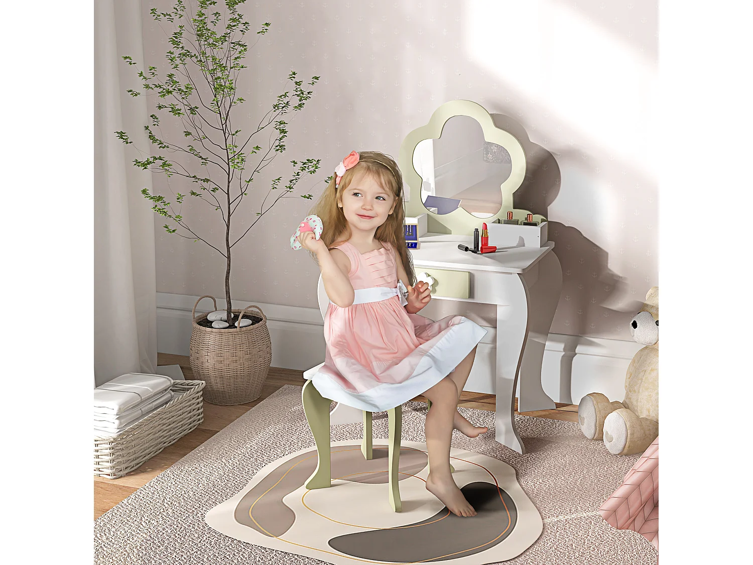 Set toeletta trucco bambina con specchio e sgabello in legno bianco