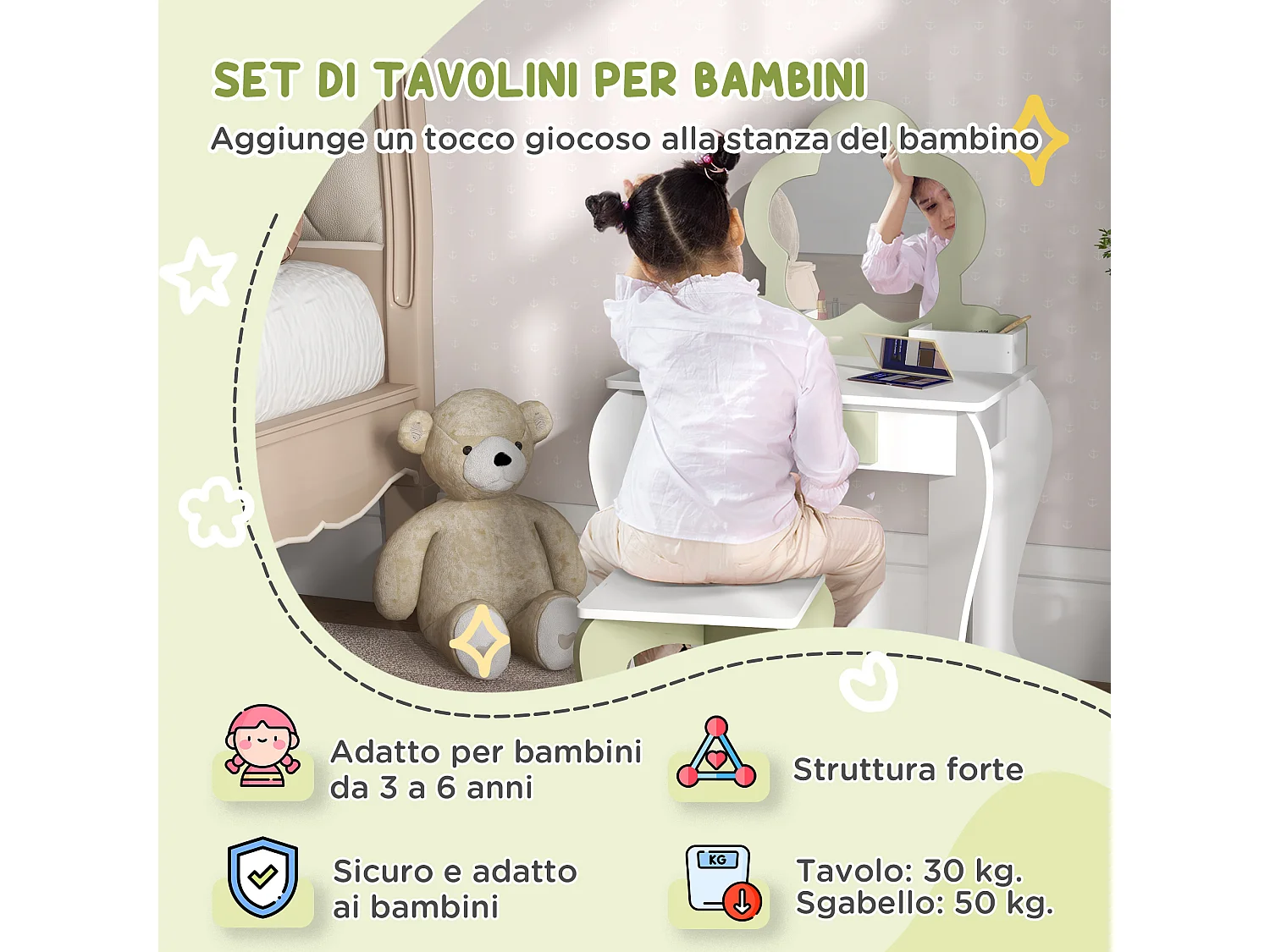 Set toeletta trucco bambina con specchio e sgabello in legno bianco