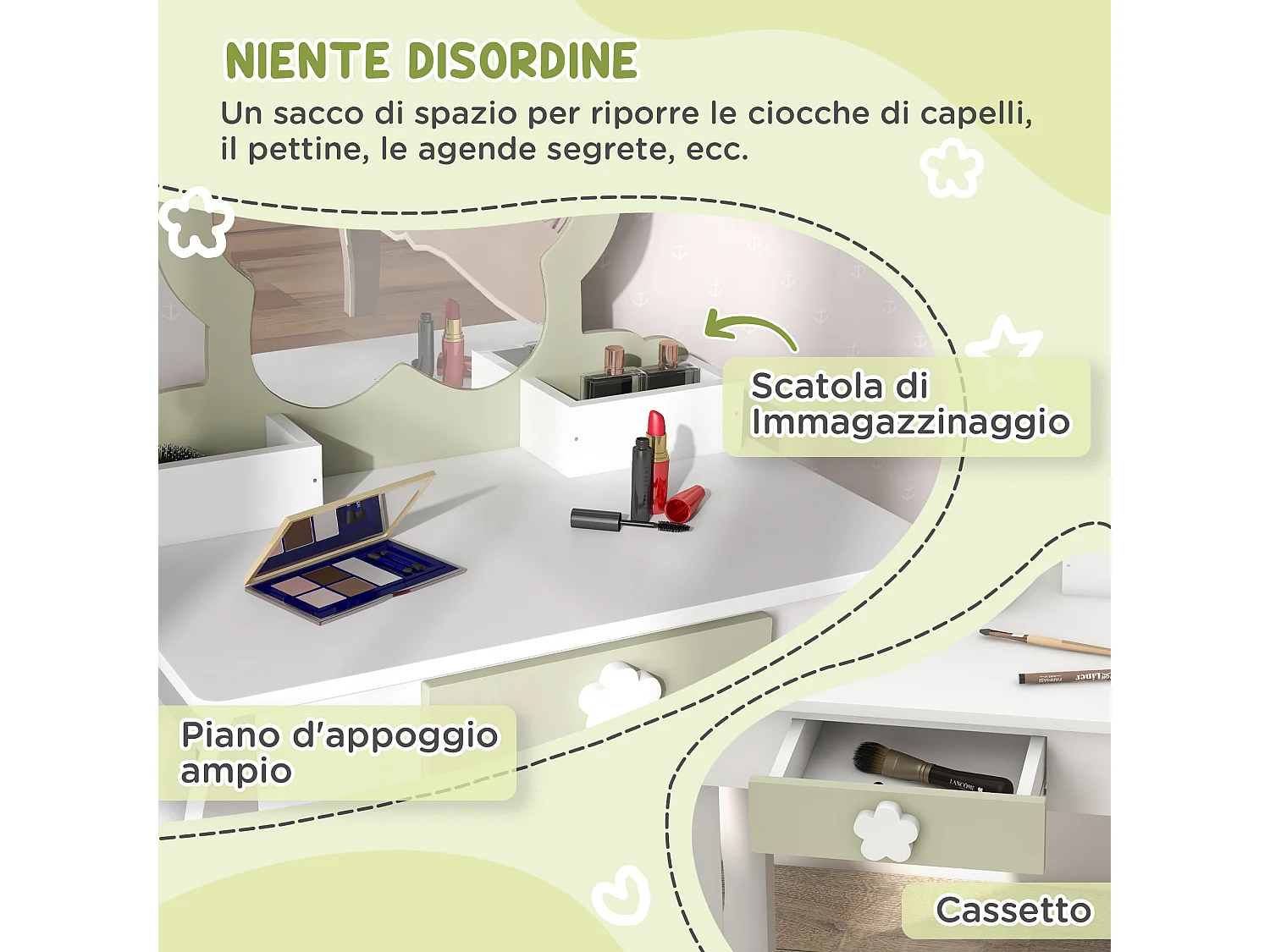 Set toeletta trucco bambina con specchio e sgabello in legno bianco
