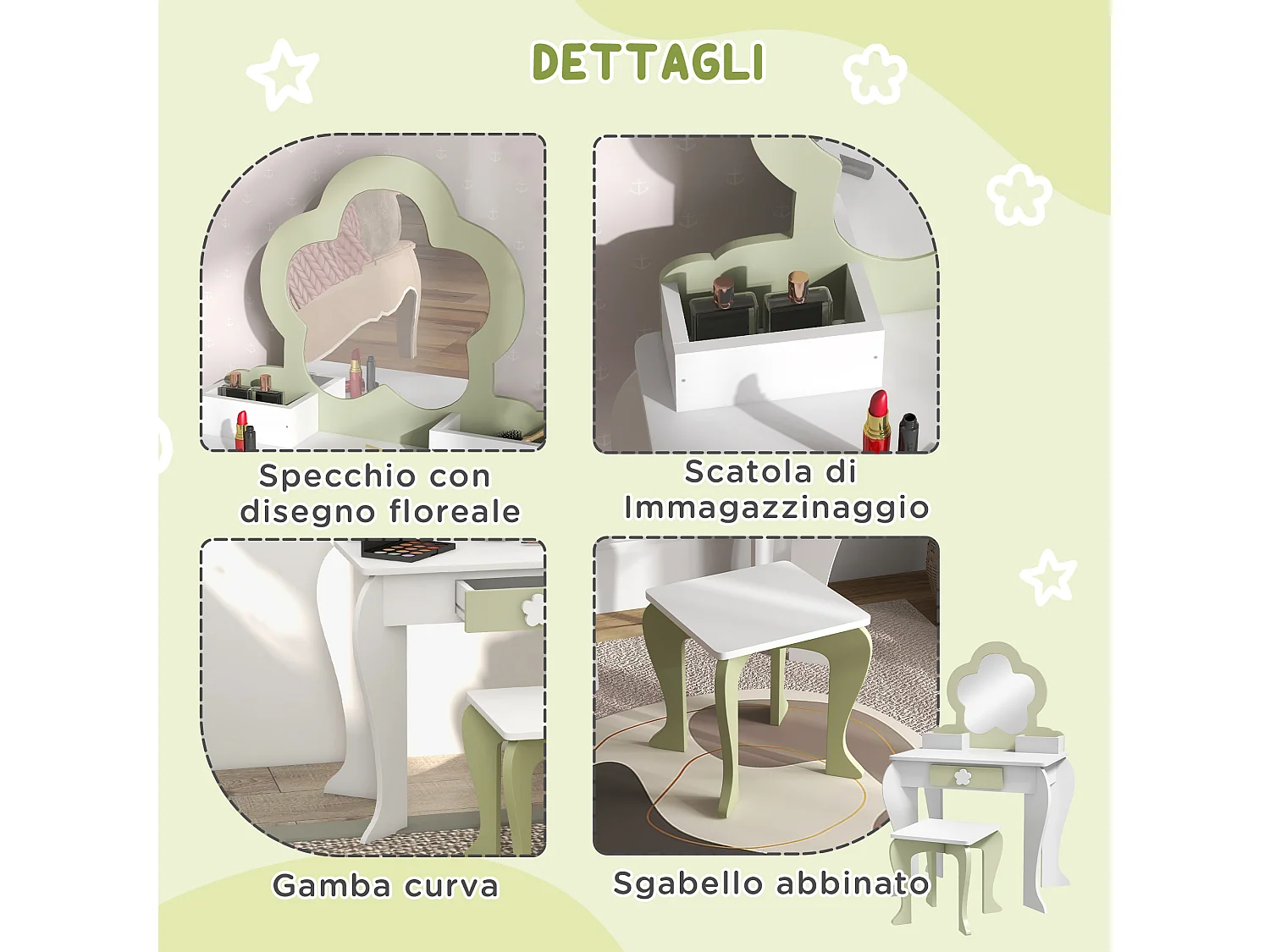 Set toeletta trucco bambina con specchio e sgabello in legno bianco