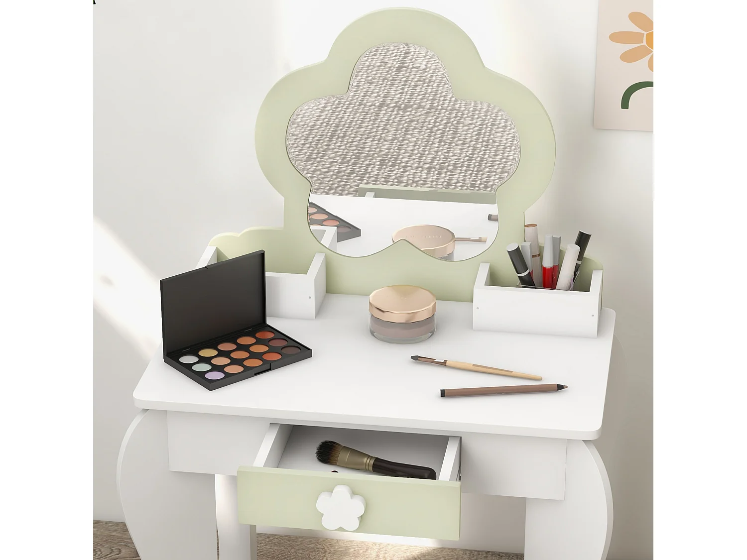 Set toeletta trucco bambina con specchio e sgabello in legno bianco