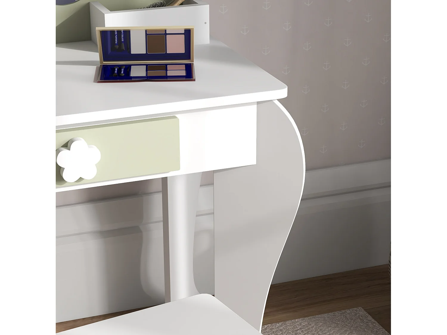 Set toeletta trucco bambina con specchio e sgabello in legno bianco