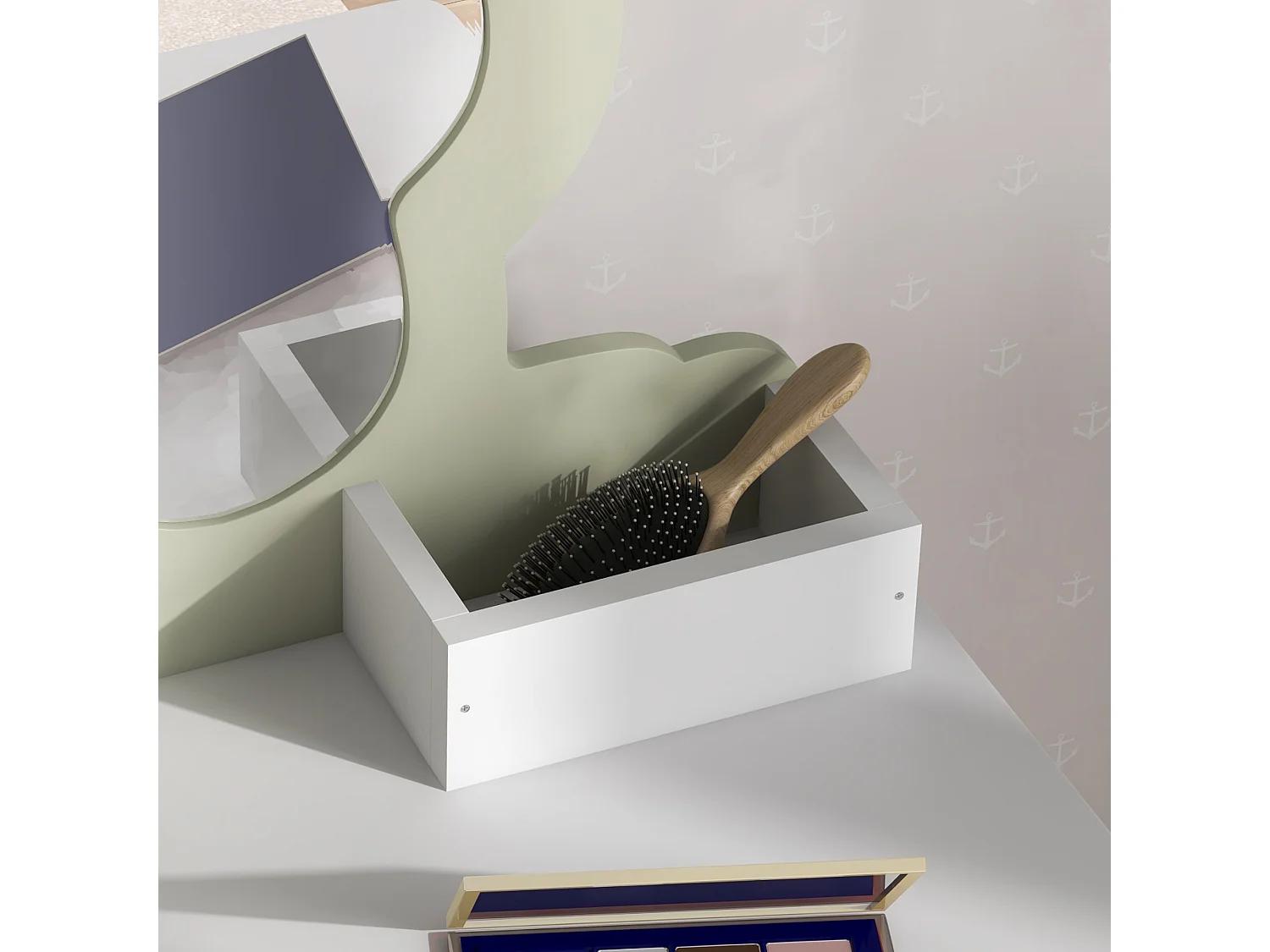 Set toeletta trucco bambina con specchio e sgabello in legno bianco