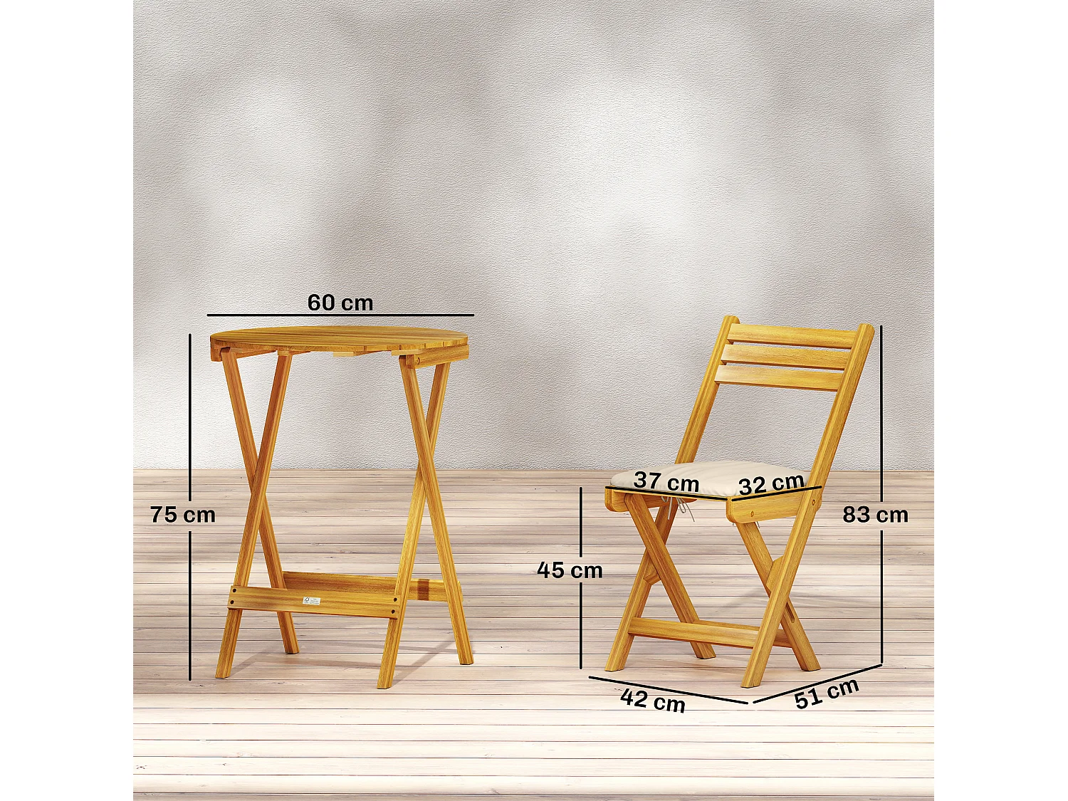 Set bistrò pieghevole 3 pezzi in legno color naturale