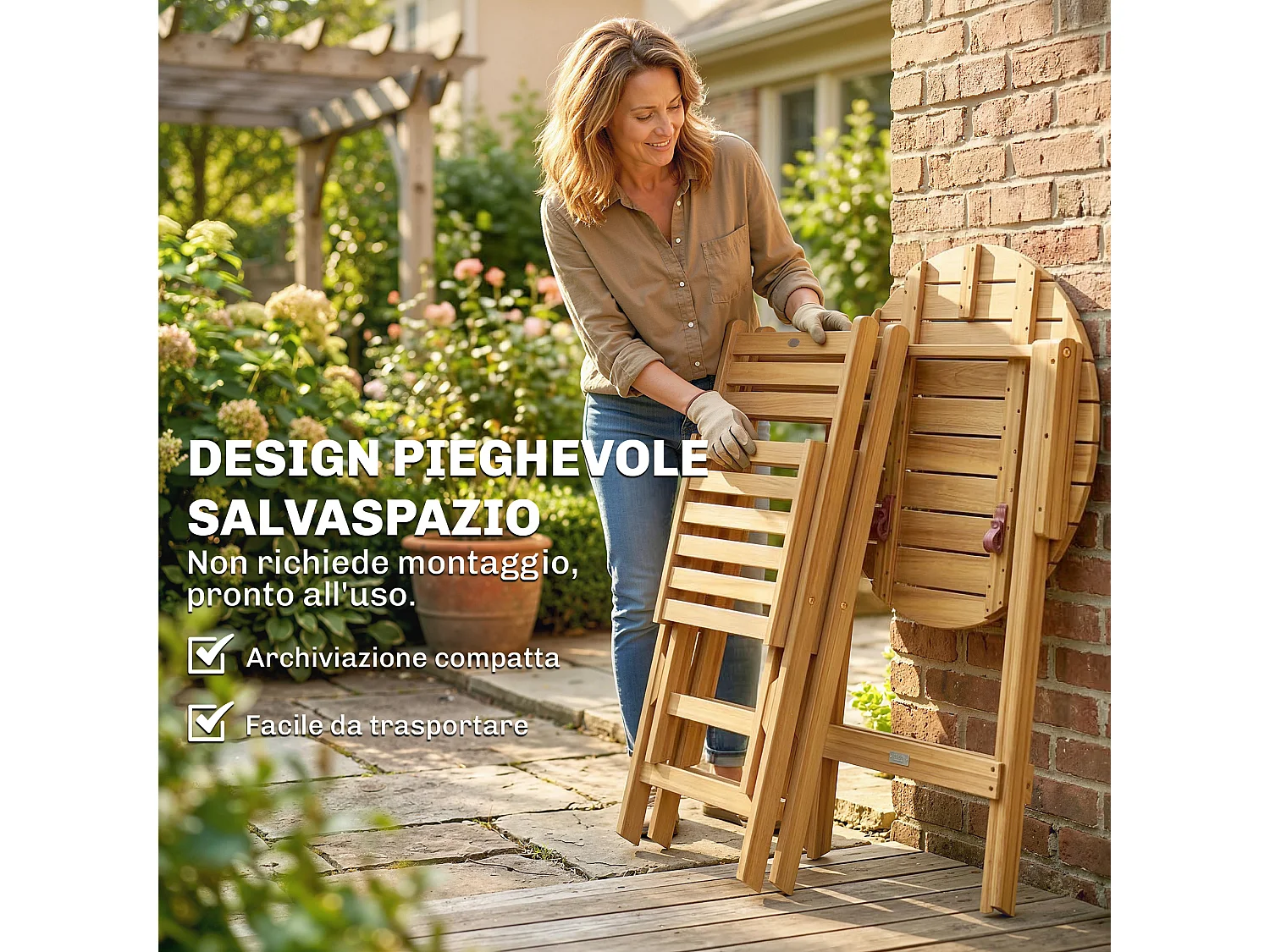 Set bistrò pieghevole 3 pezzi in legno color naturale