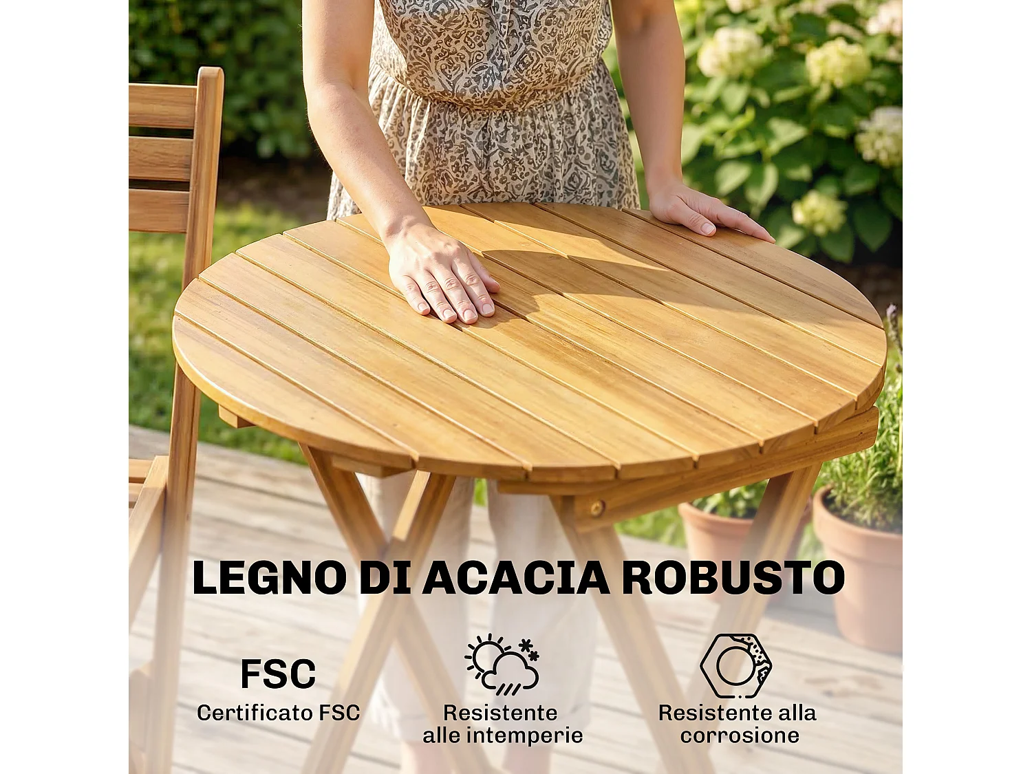 Set bistrò pieghevole 3 pezzi in legno color naturale