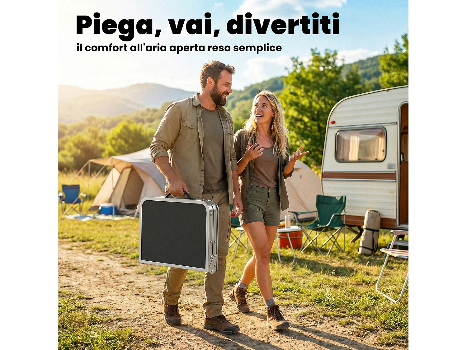 Tavolo da campeggio pieghevole 4 altezze rete nero