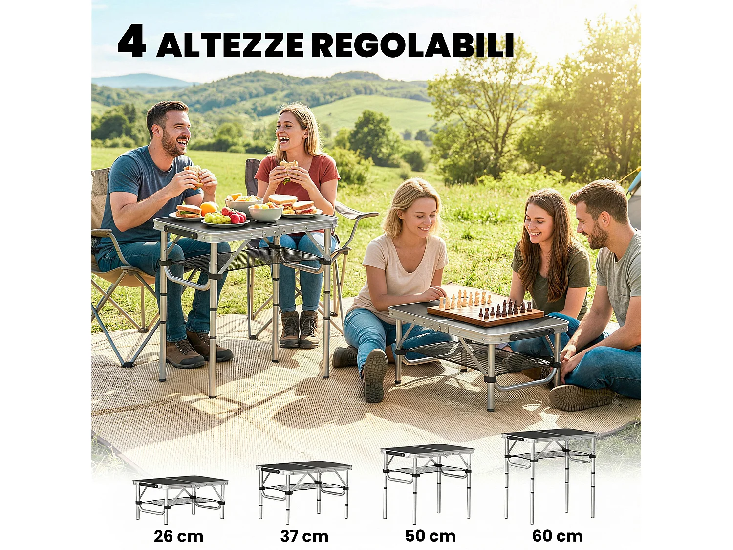 Tavolo da campeggio pieghevole 4 altezze rete nero