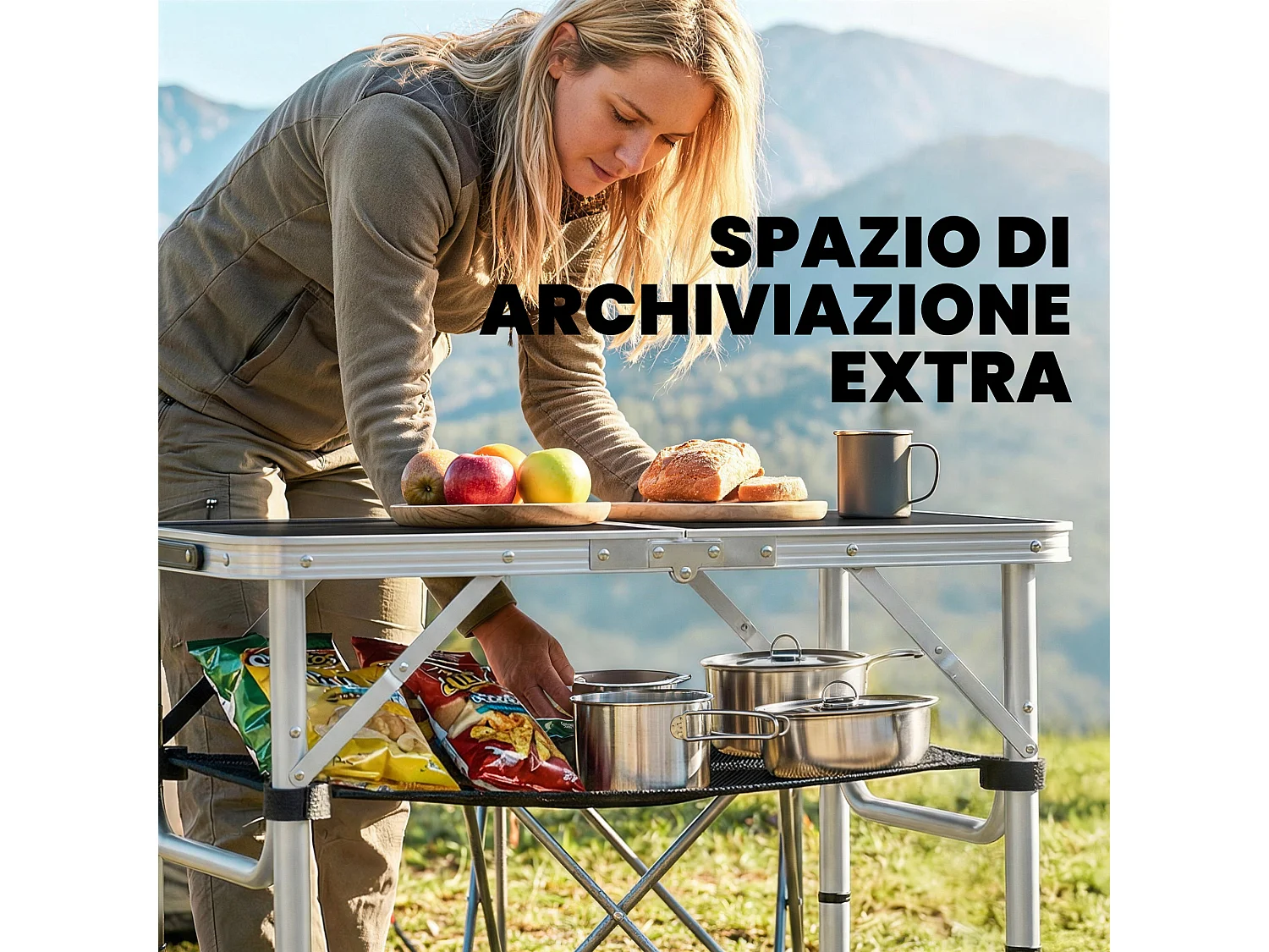 Tavolo da campeggio pieghevole 4 altezze rete nero