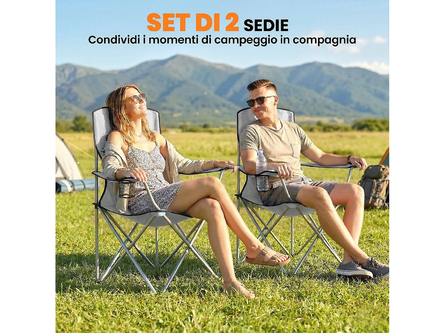 Set di 2 sedie da campeggio pieghevoli in metallo grigio
