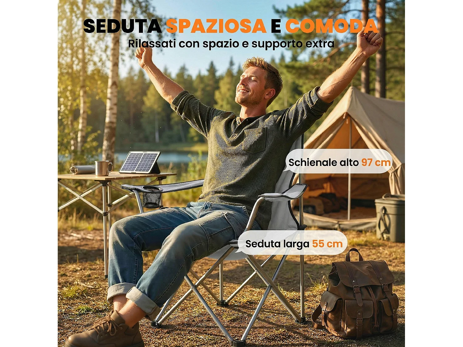 Set di 2 sedie da campeggio pieghevoli in metallo grigio