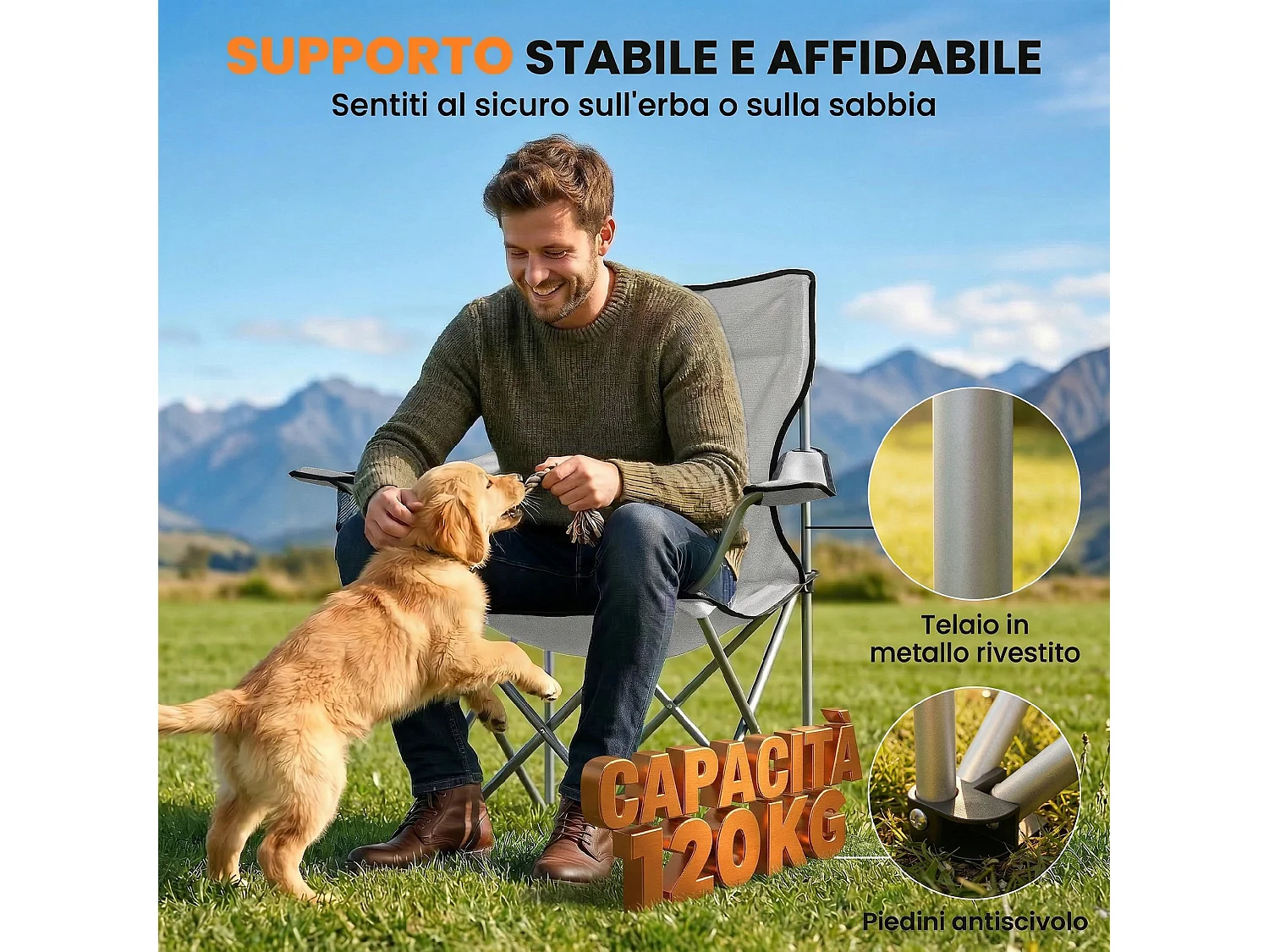Set di 2 sedie da campeggio pieghevoli in metallo grigio