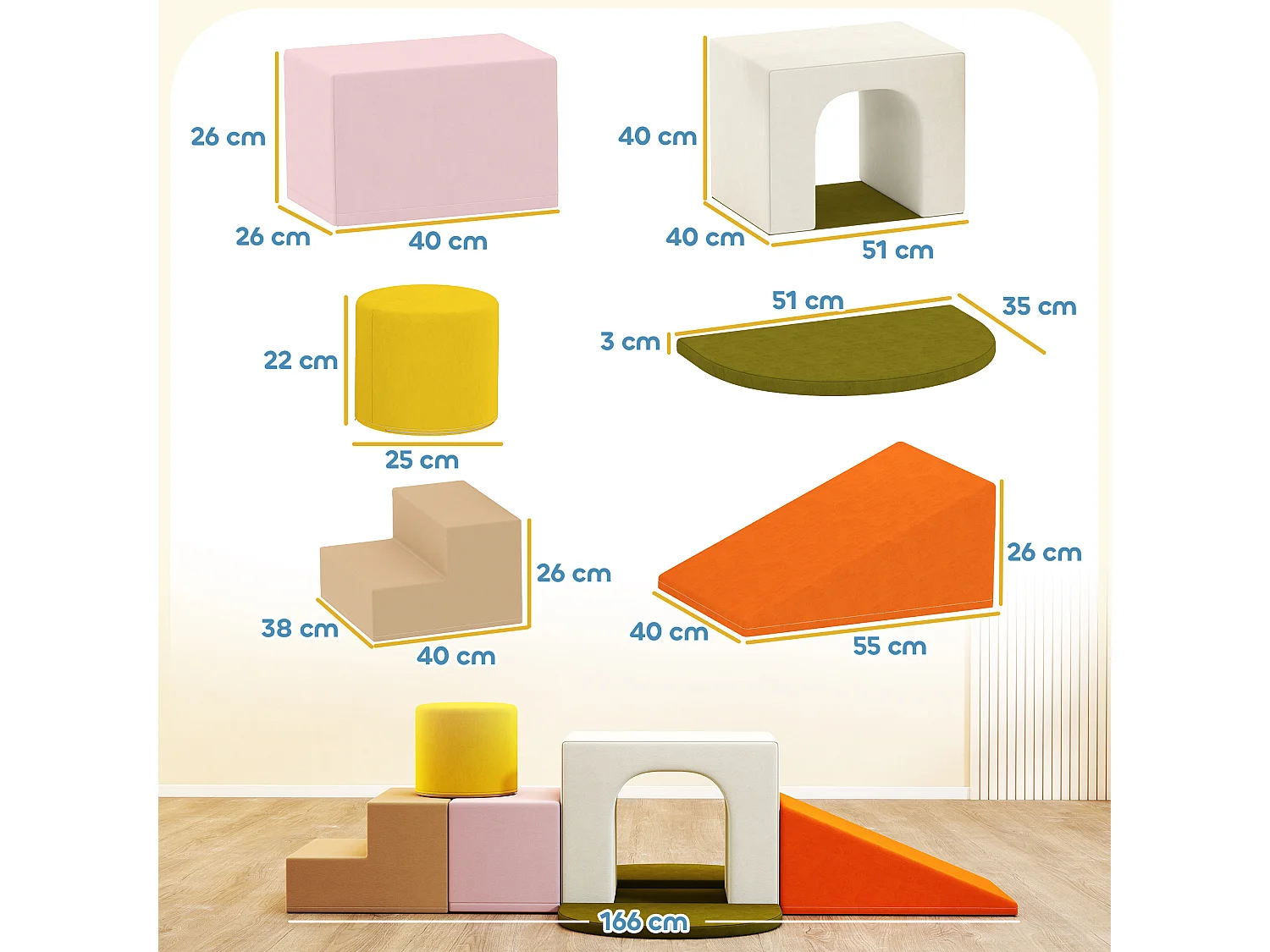 Set 8 costruzioni morbide per bambini 0-3 anni in velluto e schiuma pu