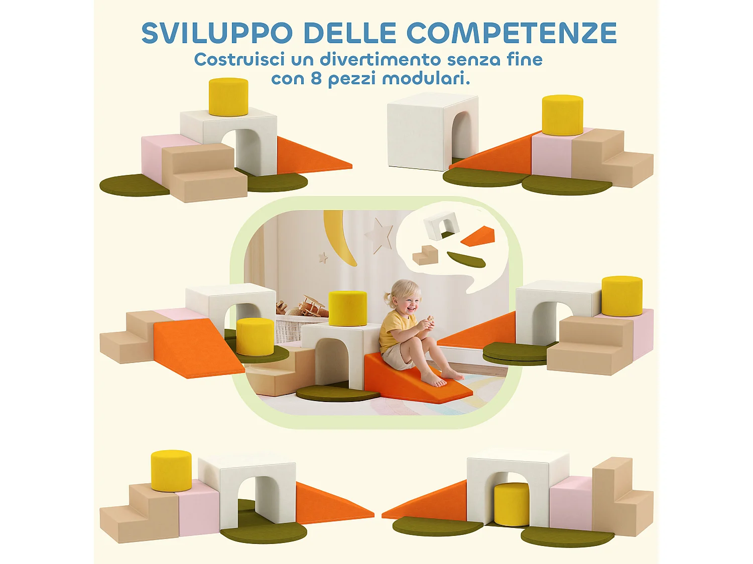 Set 8 costruzioni morbide per bambini 0-3 anni in velluto e schiuma pu