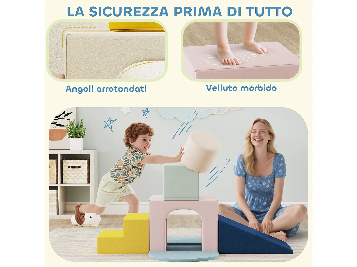 Set 8 costruzioni morbide per bambini 0-3 anni in velluto e schiuma pu