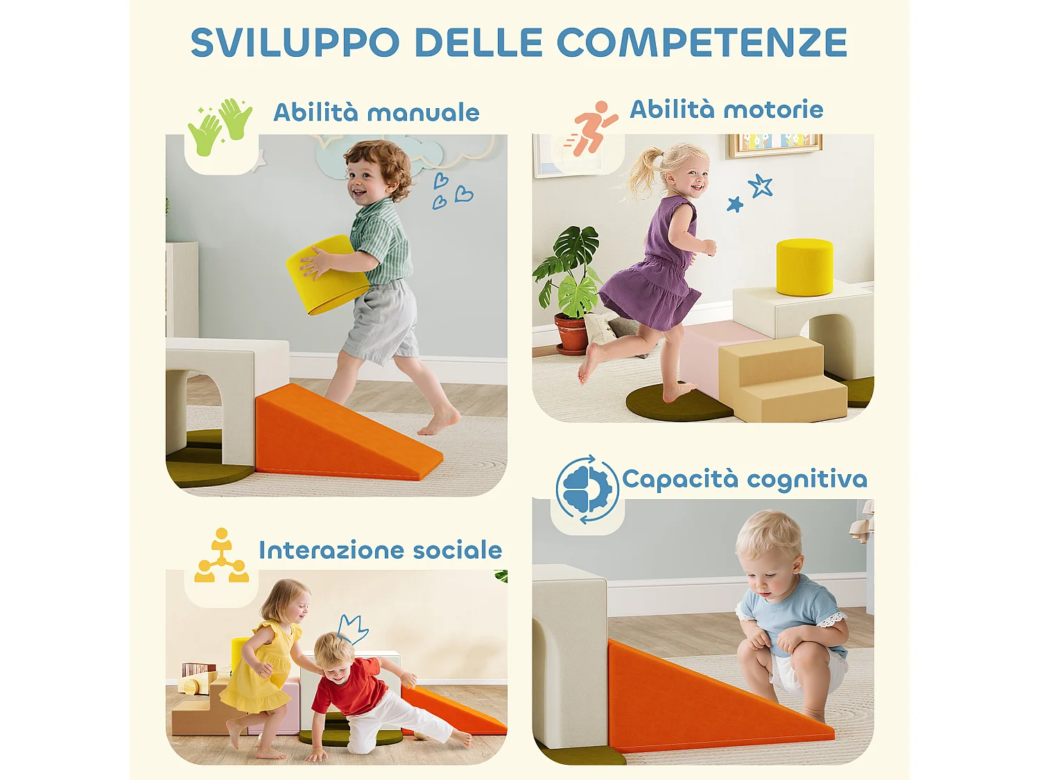 Set 8 costruzioni morbide per bambini 0-3 anni in velluto e schiuma pu