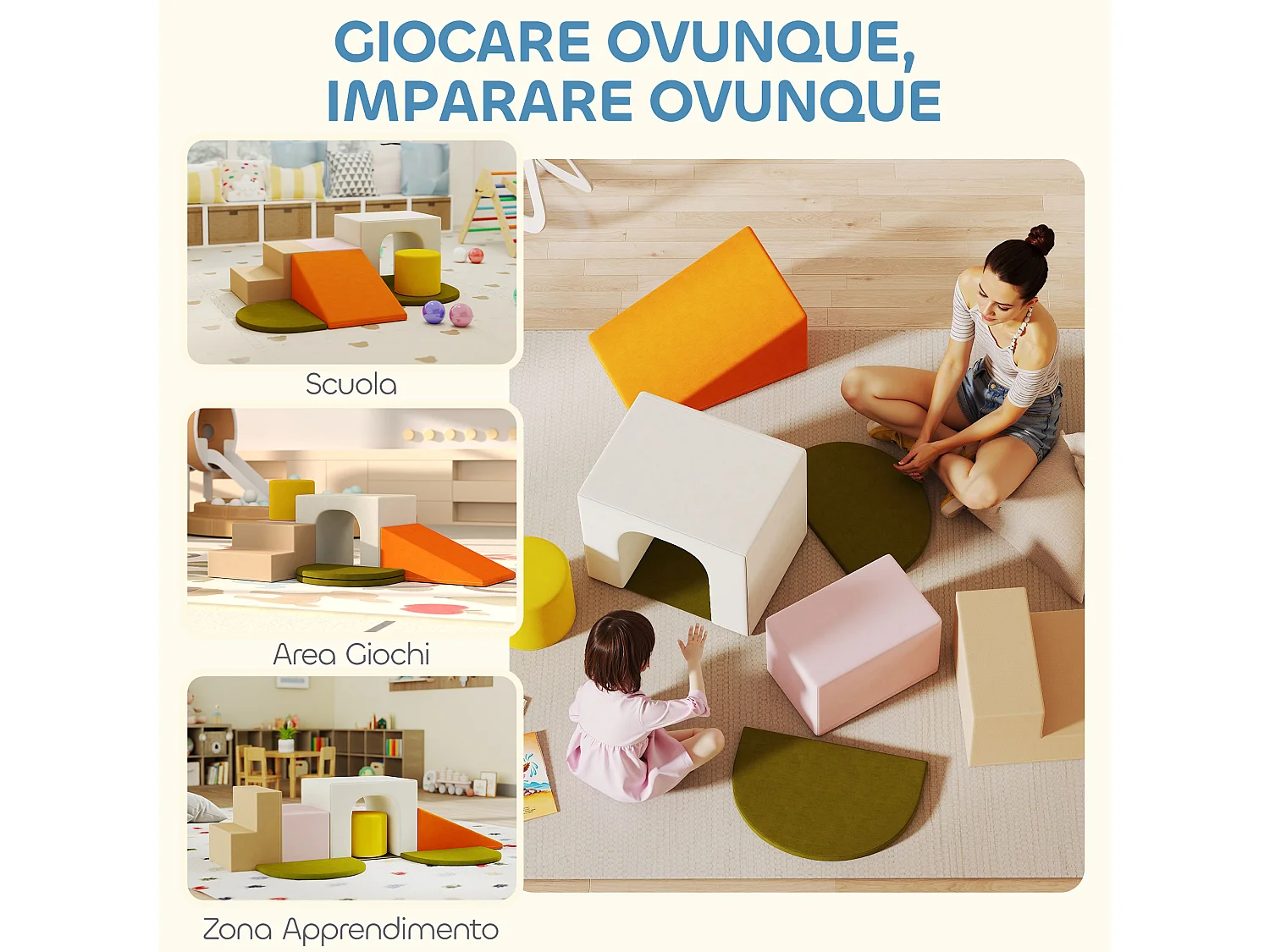 Set 8 costruzioni morbide per bambini 0-3 anni in velluto e schiuma pu