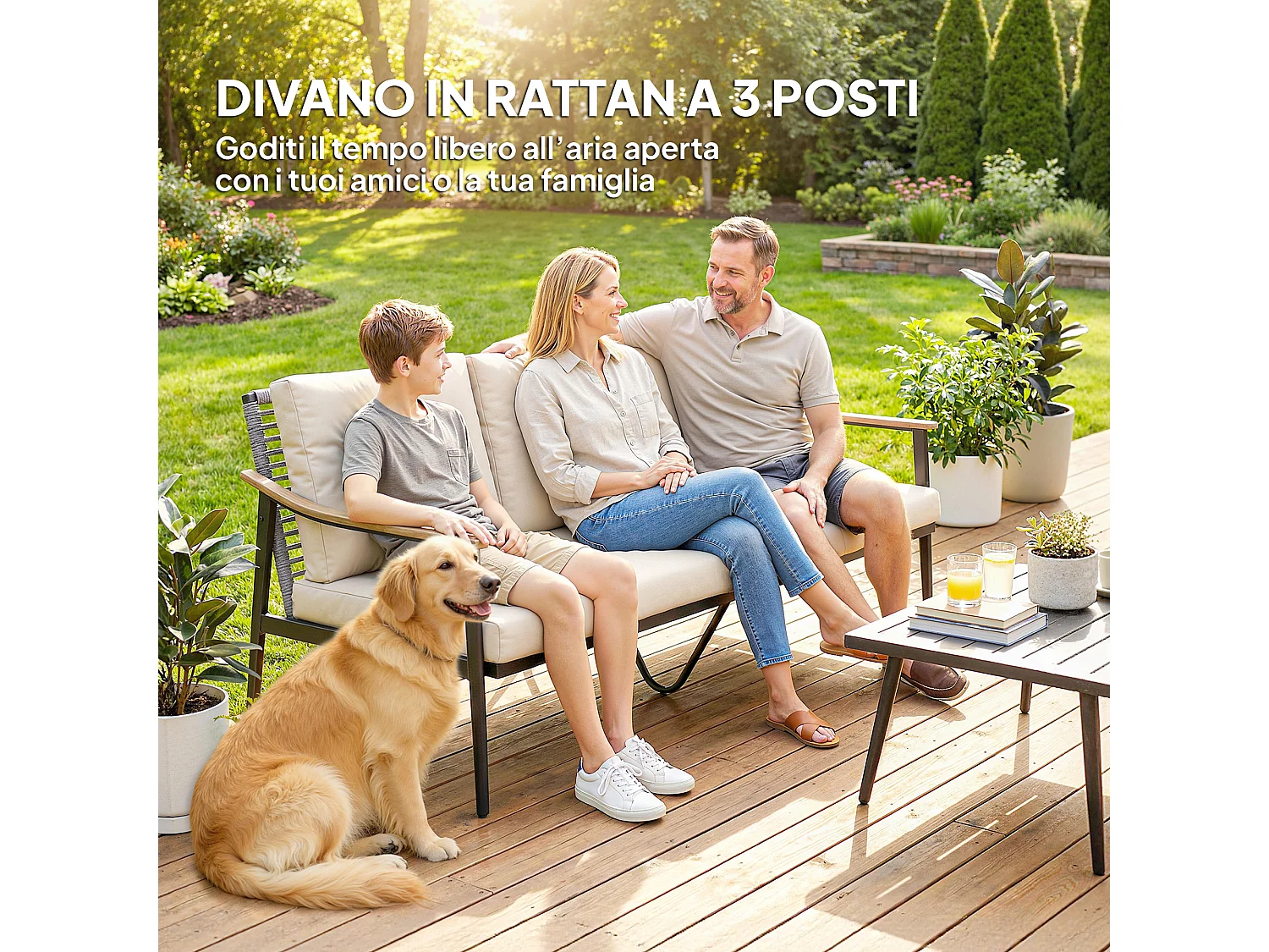 Divano da esterno 3 posti in acciaio e rattan cachi