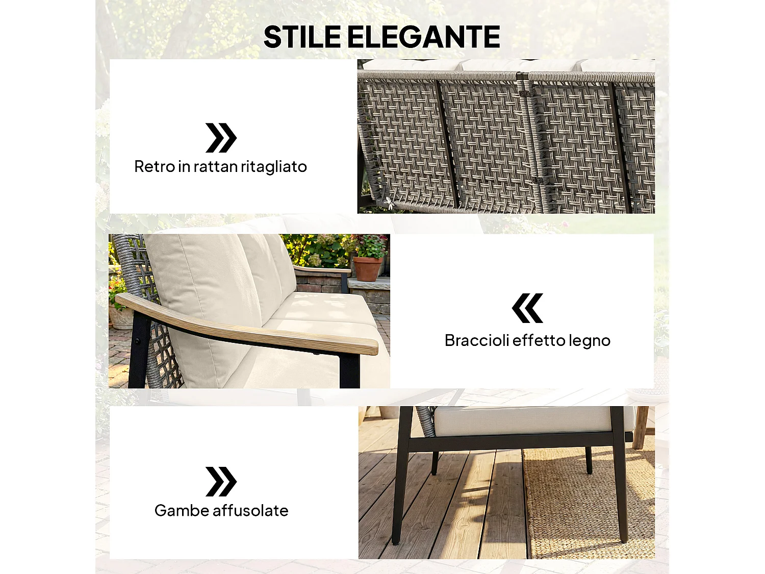 Divano da esterno 3 posti in acciaio e rattan cachi