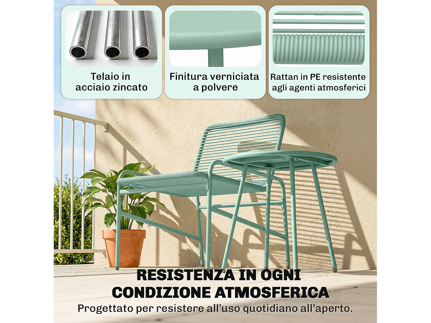 Set bistrò 3 pezzi in rattan verde