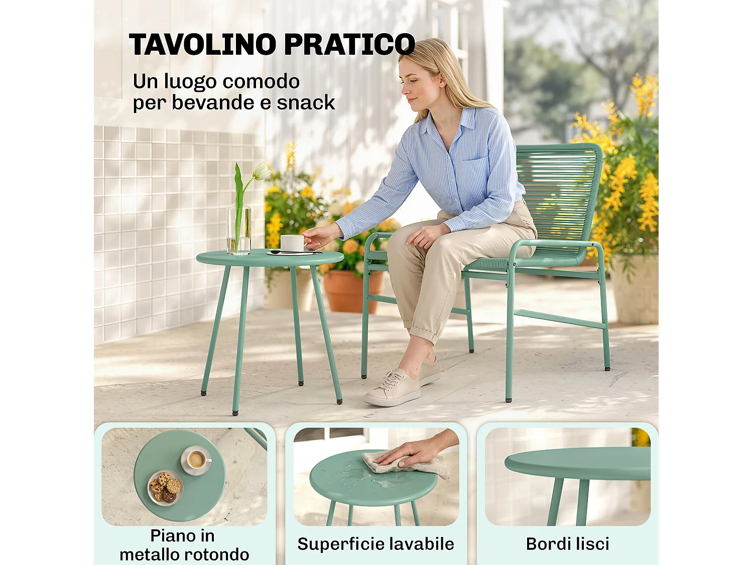 Set bistrò 3 pezzi in rattan verde