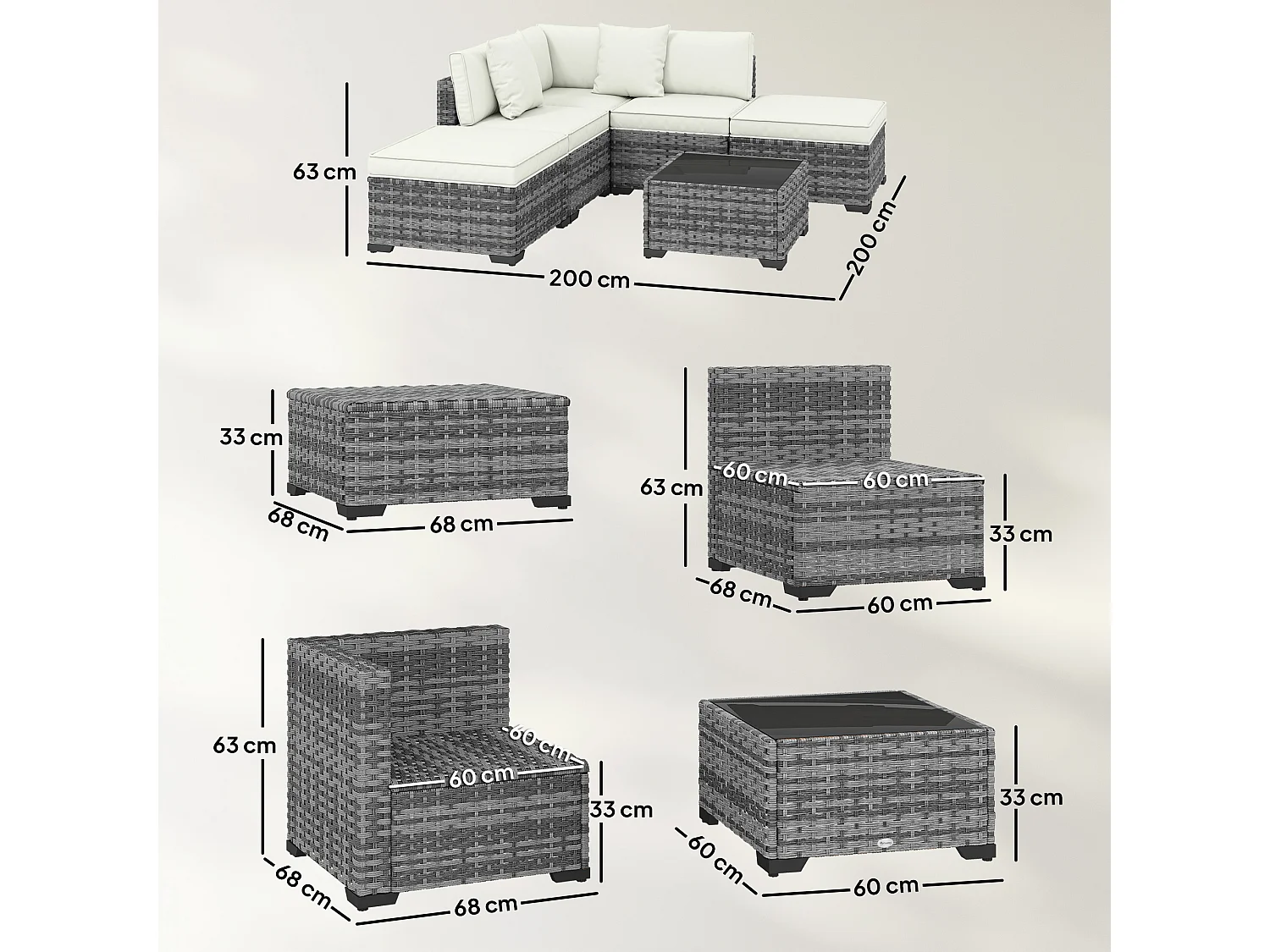 Mobili da giardino 6pz con divano tavolo cuscini grigio
