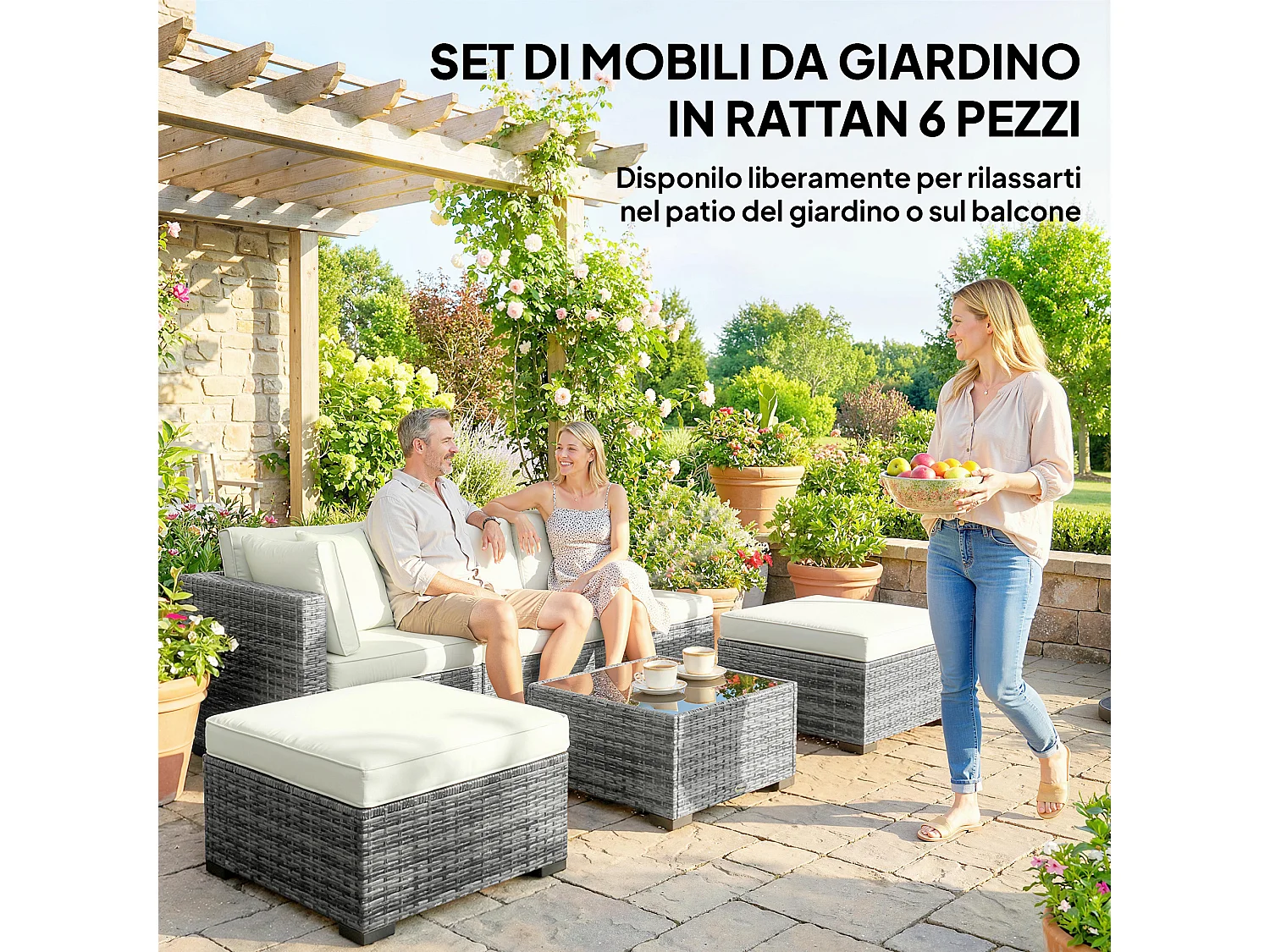 Mobili da giardino 6pz con divano tavolo cuscini grigio