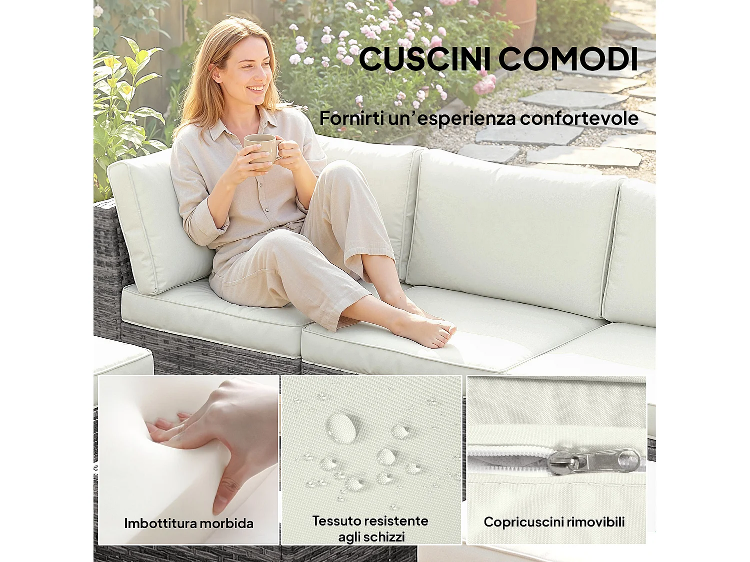 Mobili da giardino 6pz con divano tavolo cuscini grigio