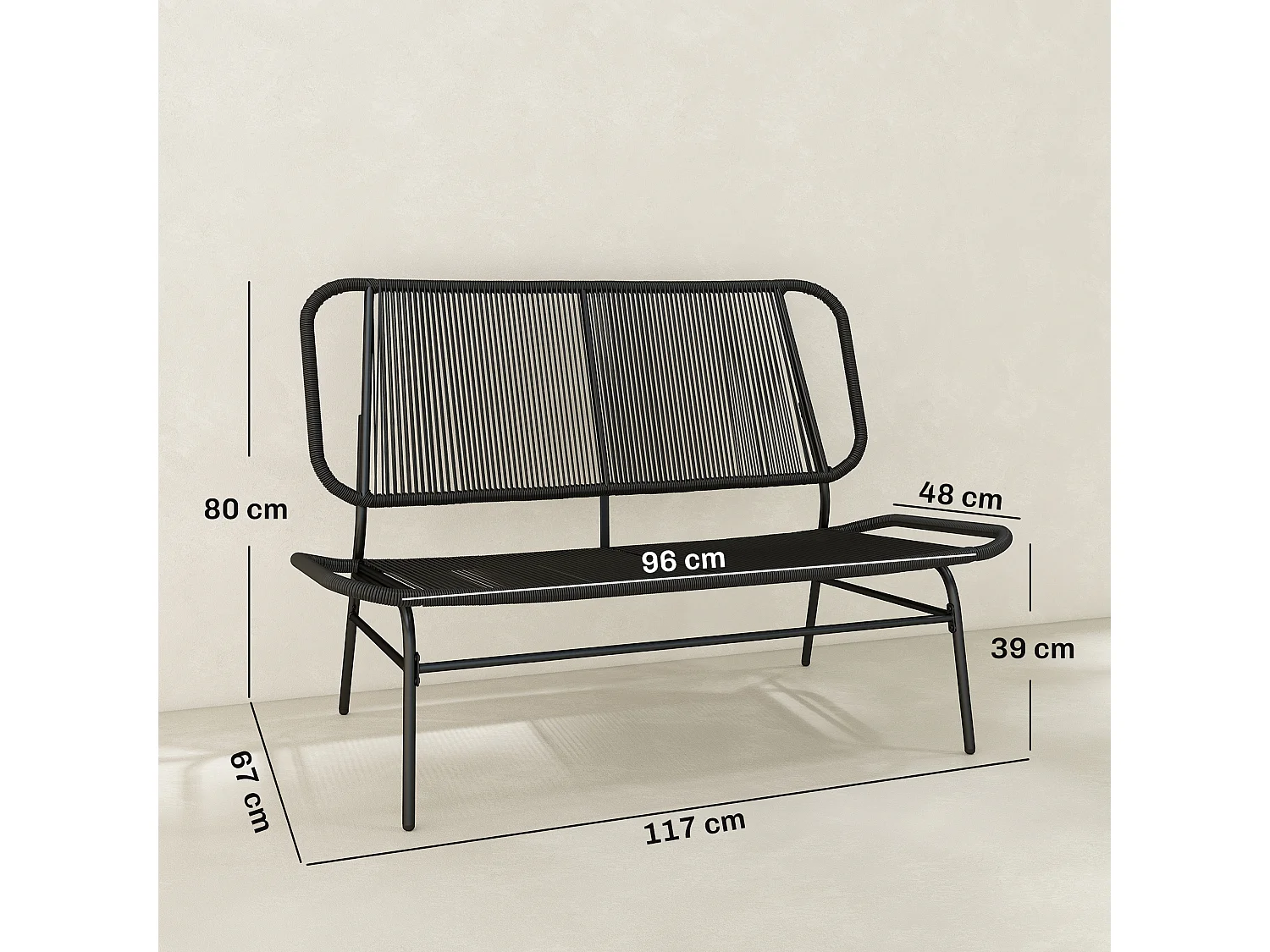 Divano da giardino 2 posti rattan pe acciaio nero