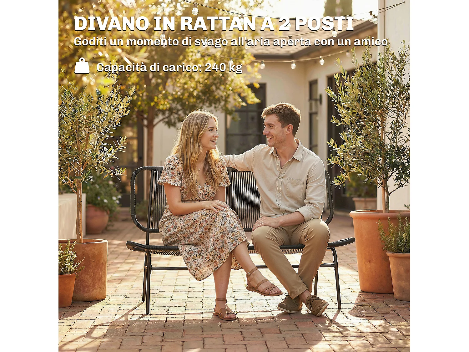 Divano da giardino 2 posti rattan pe acciaio nero