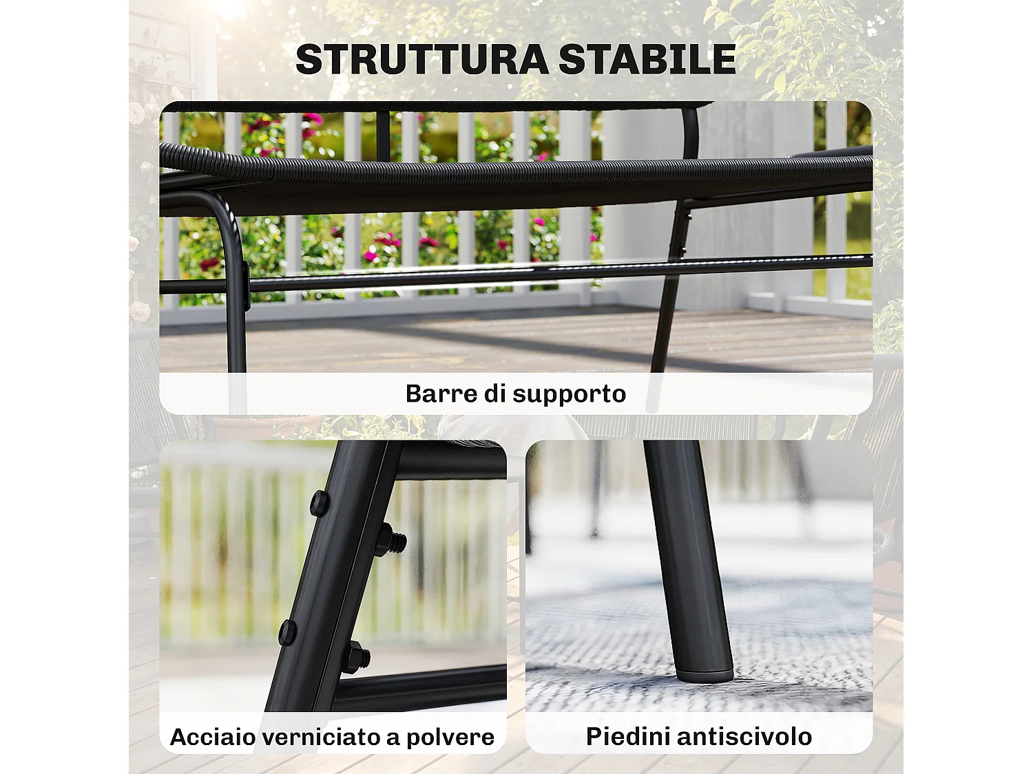 Divano da giardino 2 posti rattan pe acciaio nero