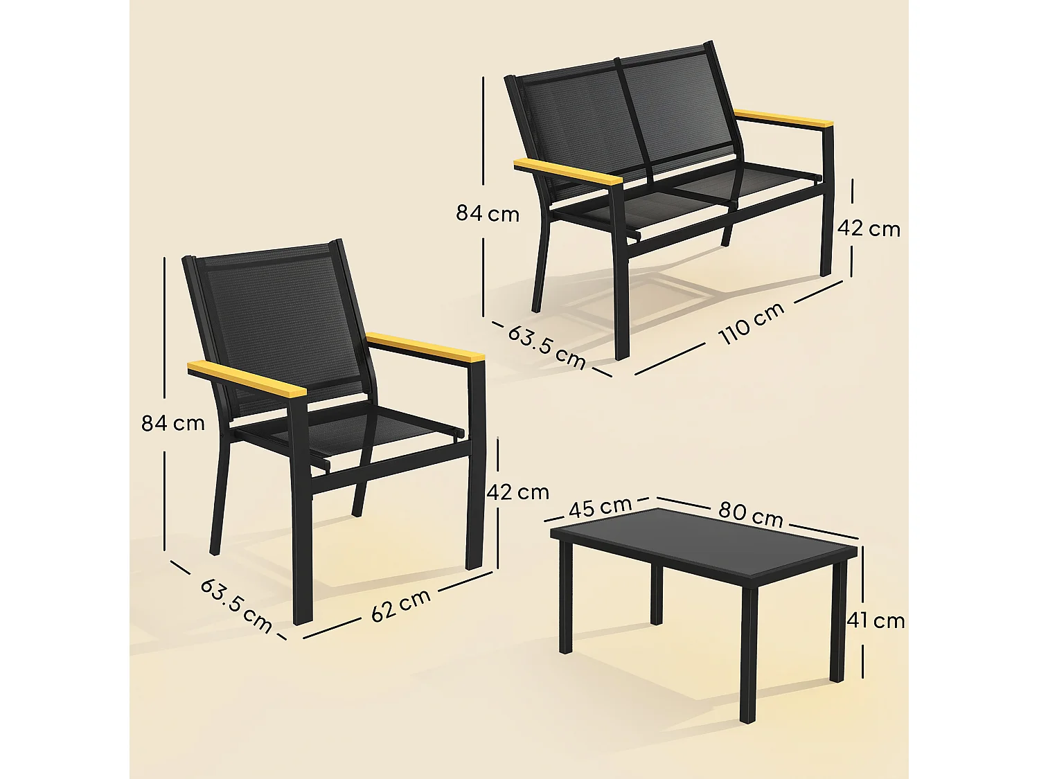 Mobili da giardino 4pz con tavolino e 3 sedute nero
