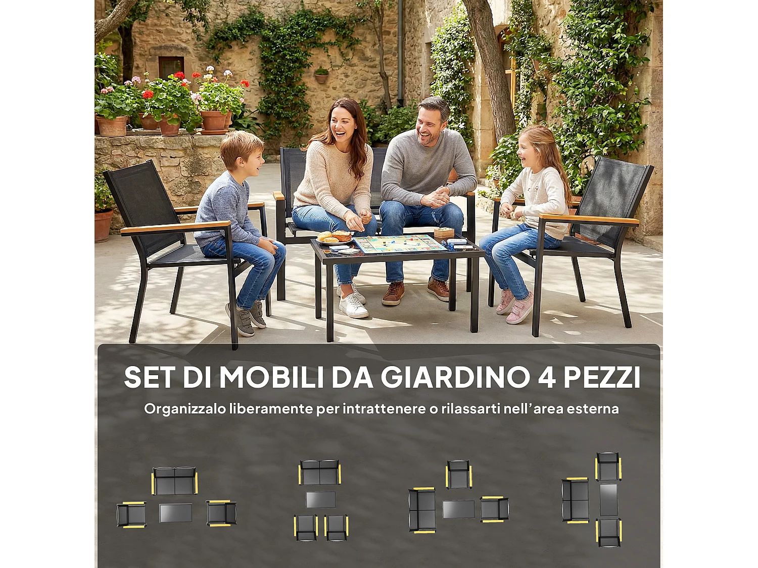 Mobili da giardino 4pz con tavolino e 3 sedute nero